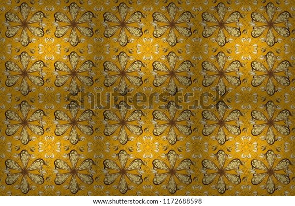 Raster design. Seamless in Baroque style.\
Graceful, delicate ornamentation in the Rococo style. Classic\
style. Patterns on yellow, brown and beige colors. Beautiful\
pattern for textile,\
scrapbooking.