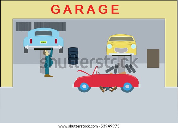 Raster drawing of red, yellow and blue cars under\
work at an auto\
garage.