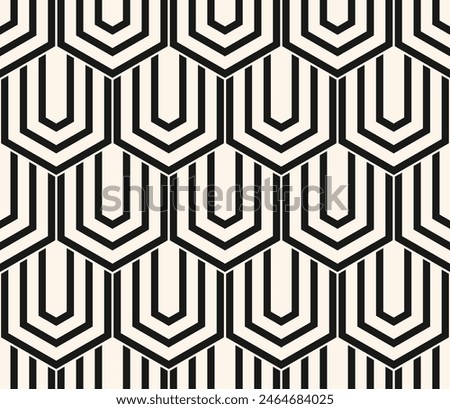 Raster geometric seamless pattern with hexagons, lines. Black and white abstract geometrical background with hexagonal grid. Simple monochrome texture. Repeated geo design for decor, print, textile