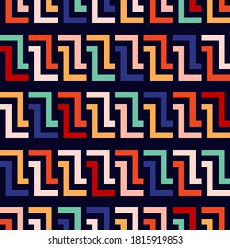Raster geometric seamless pattern with lines, meanders, chain, grid, net. Stylish modern colorful background. Abstract graphic texture. Simple geo ornament. Repeat design for decor, textile, wallpaper