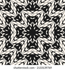 Raster Geometric Seamless Pattern With Mosaic Structure, Grid, Lattice, Chevron, Zigzag, Arrows, Stars, Diamond Shapes. Abstract Black And White Geo Texture. Simple Modern Monochrome Background