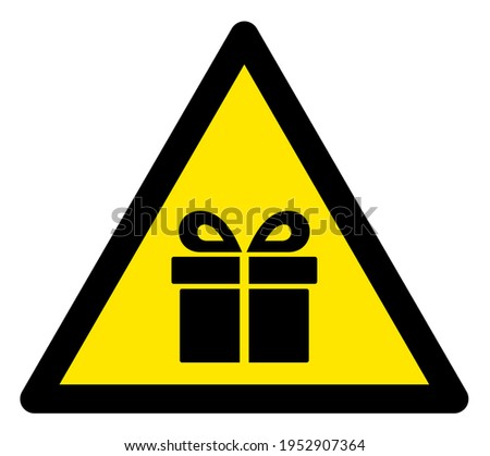 Raster gift flat warning sign. Triangle icon uses black and yellow colors. Symbol style is a flat gift hazard sign on a white background. Icons designed for notice signals, road signs,