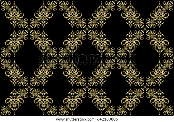 A raster golden
ornament in east style. Design for the text, invitation cards,
various printing editions. Seamless pattern with golden elements on
a black background.