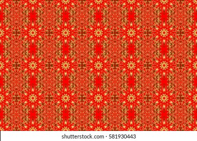 Raster golden texture, gold lines and grids seamless pattern, curved metal, foil background with 3D visual effects on a red background.