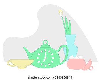 Raster graphics - a beautiful tea set with a mug, a sugar bowl, a teapot and a vase with tulips of pastel colors and a space for copying. Concept teatime