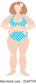 Raster graphics - a pretty fat girl in a blue polka dot swimsuit stands isolated. Concept diet and bodipositive