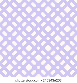 Raster grid seamless pattern. Abstract geometric minimal texture with rounded mesh, lattice, grill, net, diagonal cross lines. Simple lilac and white checkered background. Cute modern repeated design
