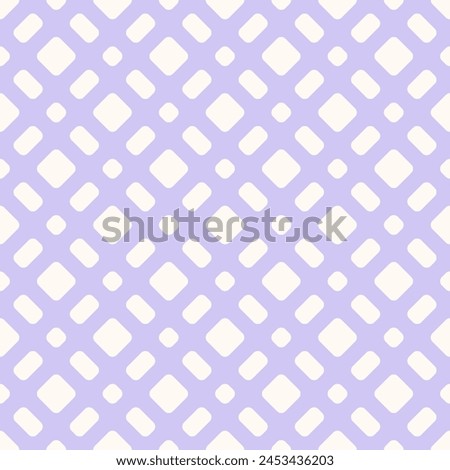 Raster grid seamless pattern. Abstract geometric minimal texture with rounded mesh, lattice, grill, net, diagonal cross lines. Simple lilac and white checkered background. Cute modern repeated design