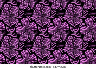 Raster hand drawn painting of hibiscus flowers in pink and purple colors. Seamless pattern on black background.