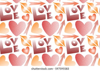 Raster hand drawn word love, lips and hearts on a white background. Abstract Raster illustration. Seamless pattern with stylized love elements in orange and red colors.
