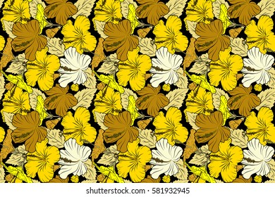 Raster hibiscus flower seamless pattern in beige and yellow colors on a black background.
