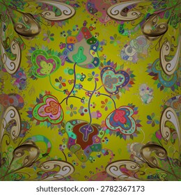 Raster illustration. Abstract seamless pattern with hand drawing flowers. Flowers on green and yellow colors.