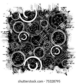 raster illustration of abstract technical drawing in grunge black square