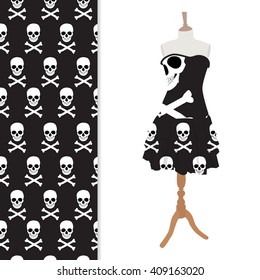 Raster illustration beautiful  cute woman dress mannequin for boutique  And  pattern and skull   bones for halloween