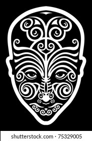 Raster Illustration Of Black And White Maori Face Tattoo