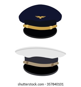 Raster Illustration Blue Pilot Cap With Badge And White Captain Navy Hat Or Cap. Uniform. Civil Aviation And Air Transport. 