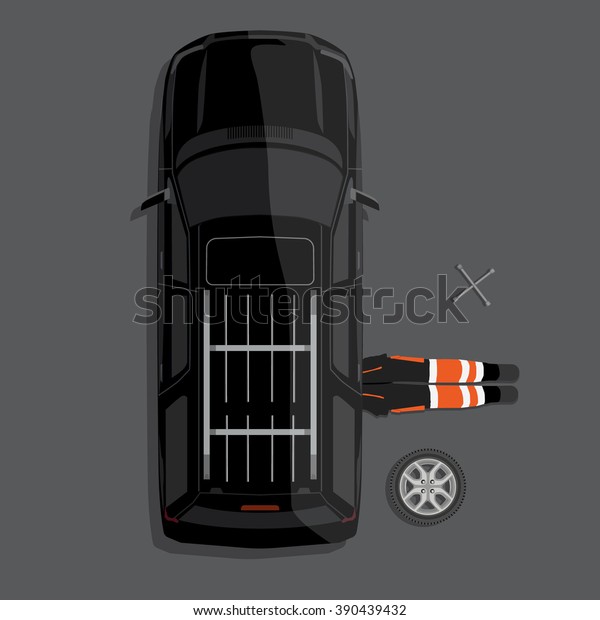 Raster\
illustration car repair service concept. Car mechanic lying down\
under auto body doing repair work top view.\
