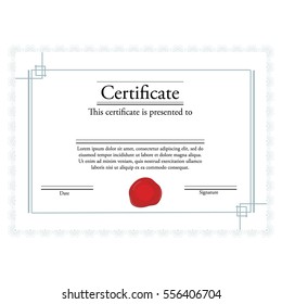 Raster Illustration Of Certificate Template With Red Wax Stamp And Blue Frame. Certificate Border. Modern Certificate