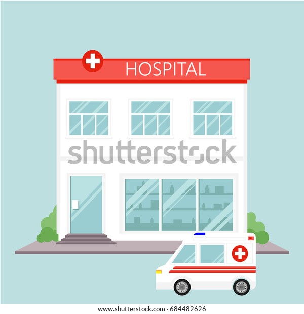 Raster illustration\
city hospital building and ambulance car in flat design. Hospital\
and healthcare\
icon.