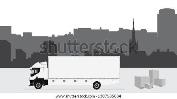 raster illustration city landscape\
evening time. City skyline background. White cargo truck driving on\
the road. Truck with container. Delivery\
transport