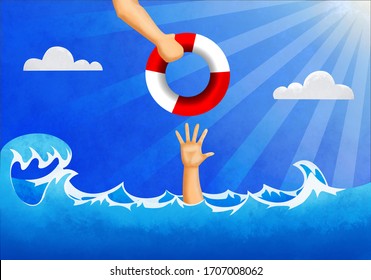 Raster Illustration - Creative Representation Of Help By Showing One Person Sending Help To Sinking Person