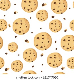 Raster Illustration Cute  Pattern, Background With Chocolate Chip Cookie. Freshly Baked Choco Cookie Icon. Food Pattern