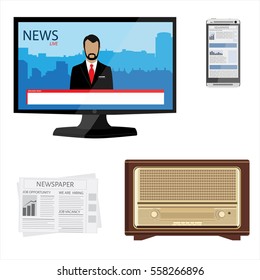 Raster illustration electronic internet web media concept: newspaper, smartphone, retro radio and TV monitor with financial, daily, world news isolated on white background.