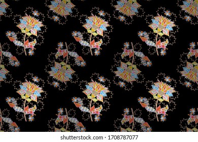 Raster illustration. Flat Flower Elements Design. Flowers pattern. Colour Spring Theme seamless pattern Background. Seamless Chichi fabric pattern.