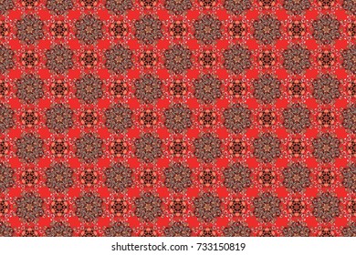 Raster illustration. Flowers on red, orange and brown colors. Tropical seamless floral pattern.