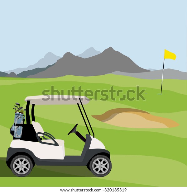 raster illustration of golf field, golf flag and\
golf cart with blue golf clubs bag. Mountain landscape or\
background. Golf\
course.