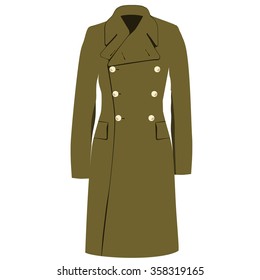 Raster Illustration Green Khaki Military Army Winter, Autumn Coat Or Trench Coat. Double Breasted Coat. 