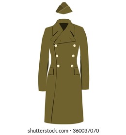 Raster Illustration Green Khaki Military Army Winter, Autumn Coat Or Trench Coat. Double Breasted Coat. Military Forage Cap. Aviation Uniform Cap