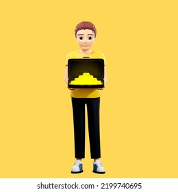 Raster Illustration Of Man Holding Gold. Young Guy In A Yellow Tshirt Holding A Case Full Of Gold Bars, Money, Income, Career, Profit. 3d Rendering Artwork For Business And Advertising