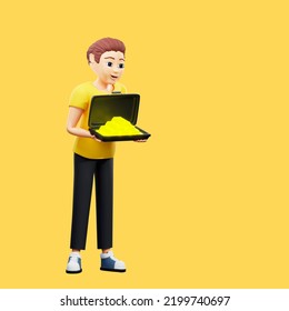 Raster Illustration Of Man Holding Gold. Young Guy In A Yellow Tshirt Smile And Holding A Case Full Of Gold Bars, Money, Income, Career, Profit. 3d Rendering Artwork For Business And Advertising