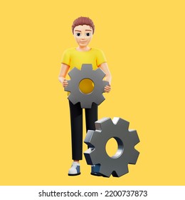 Raster Illustration Of Man Holding A Large Gear. Young Guy In A Yellow Tshirt Holds Two Large Metal Gears, Setup, Setting, Worker, Application Development. 3d Rendering Artwork For Business