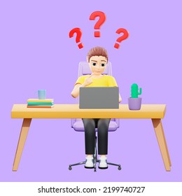 Raster Illustration Of Man Thinking Of The Computer With Question Marks. Young Guy In A Yellow Tshirt Sits At His Desk, Pokes His Finger At A Laptop, Scratch On The Back Of The Head. 3d Rendering