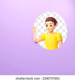 Raster Illustration Of Man Waving Hand. Young Guy In A Yellow Tshirt Hello Or Goodbye Through A Round Hole, Sign Language. 3D Renderinging Artwork For Business And Advertising