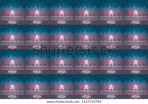 Raster\
illustration. Paper art of happy new year house with on blue,\
neutral and pink colors hills. Paper art\
carving.