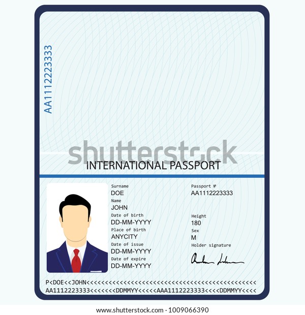 生体認証データとラスターイラストパスポート Idドキュメント サンプルの個人データページを持つ国際パスポートテンプレート のイラスト素材