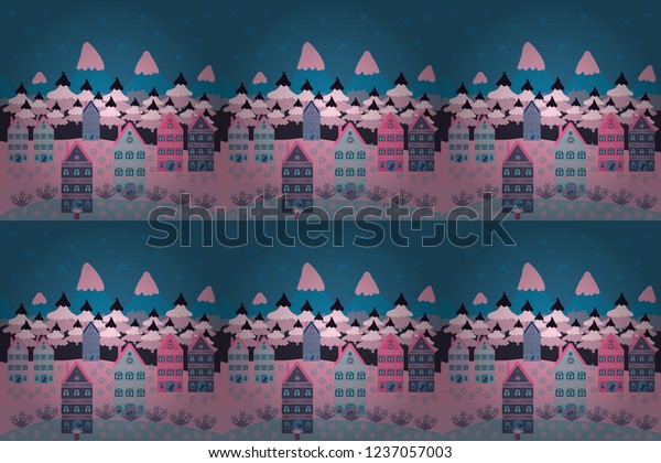 Raster illustration. Pattern houses.\
Illustration on blue, neutral and pink\
colors.