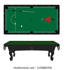 Raster Illustration Realistic Snooker Table With Set Of Balls And Cue. Billiard Table With Green Cloth Top And Side View