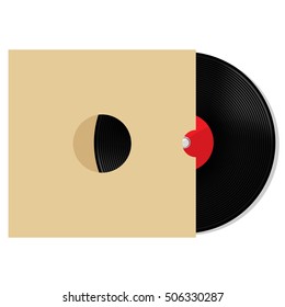 Raster Illustration Of Red Vinyl Record With White Blank Paper Cover. Record Sleeve With Vinyl Disc