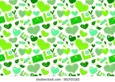 Raster illustration. Raster seamless Valentine in love doodle hand drawn pattern. Seamless design with hearts, letter, love text in green colors on a white background.