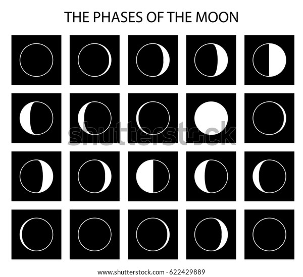 Raster illustration. Set of\
the phases of the moon on black background. Simple vector template.\
The whole cycle from new moon to full. Graphic image.\
Stylization