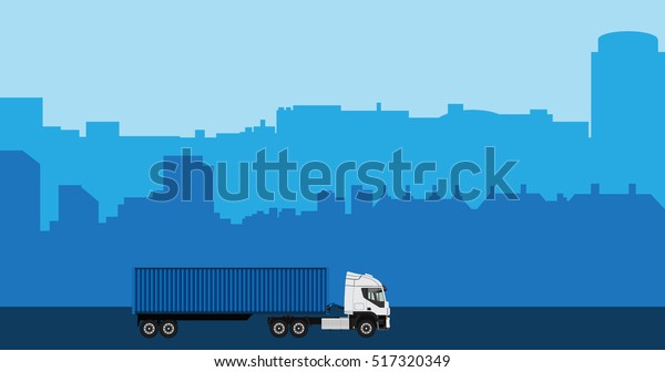 Raster illustration silhouette of city\
at night. Cityscape background. White cargo truck driving on the\
road. Truck with container. Delivery\
transport