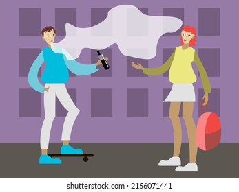Raster illustration - teenagers - a girl and a boy stand and smoke a vape on a city street.  Concept - bad habits and youth trends