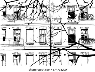 Raster illustration. Urban graphic yard drawing of city. Monochrome sketch illustration on a white background. Kiev