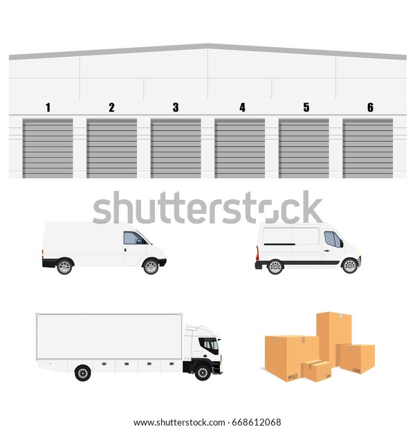 Raster illustration warehouse cargo delivery with\
six doors. Storage building. Cargo truck, two minivan and  pile of\
cardboard boxes.Delivery transport set, collection. Delivery\
service icon.