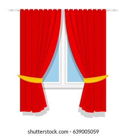 Raster Illustration Window Treatments Red Curtains For House Or Home Interior.