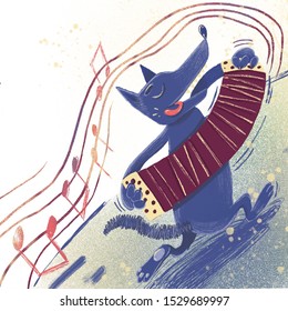 raster illustration with a wolf playing the harmonica
